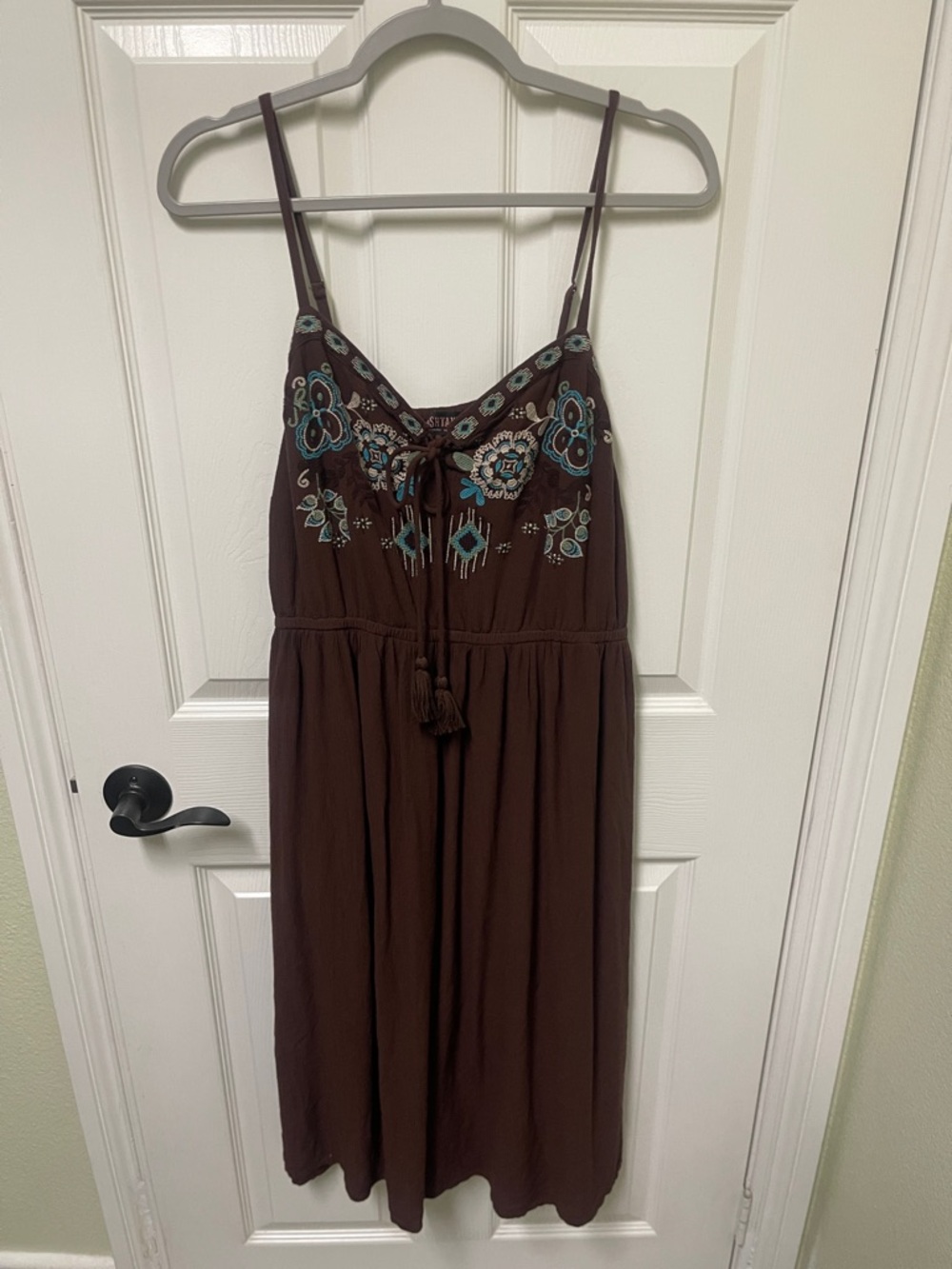 Shyanne Brown Midi Dress with Teal & Cream Embroidery